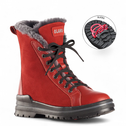 Olang Zaide red hydro-suede and leather winter boot with shearling lining and Alaska ice-grip outsole. Photo of right side view.