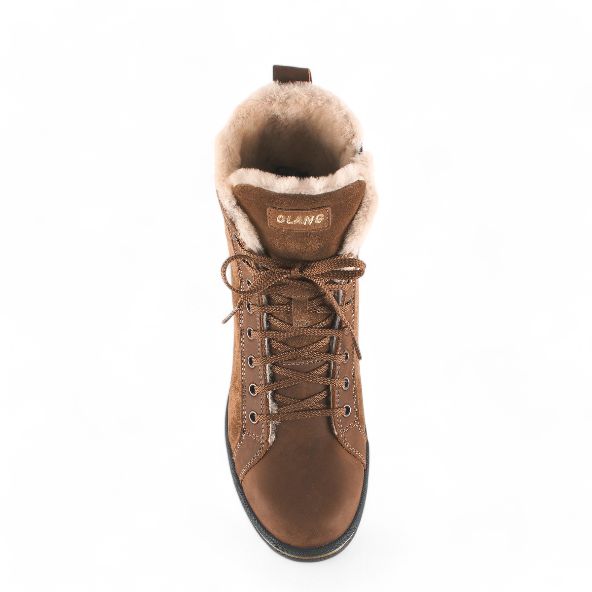 Olang Zaide brown suede winter boot with shearling lining, lace-up front, and durable black rubber sole. Photo of upper view.
