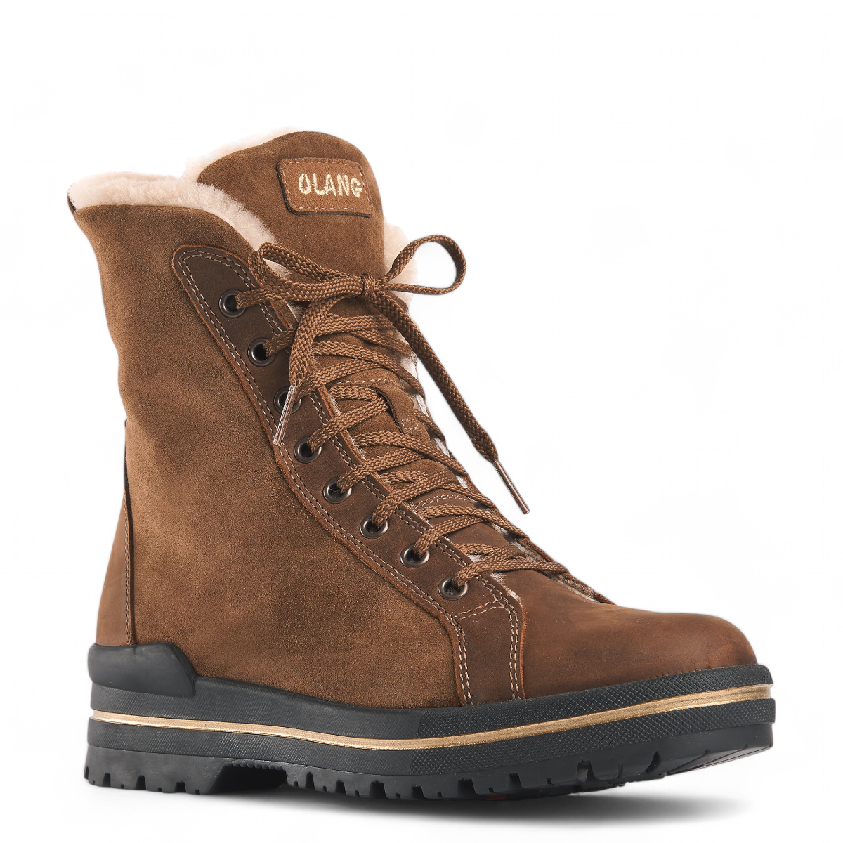 Olang Zaide brown suede winter boot with shearling lining, lace-up front, and durable black rubber sole. Photo of front side view.