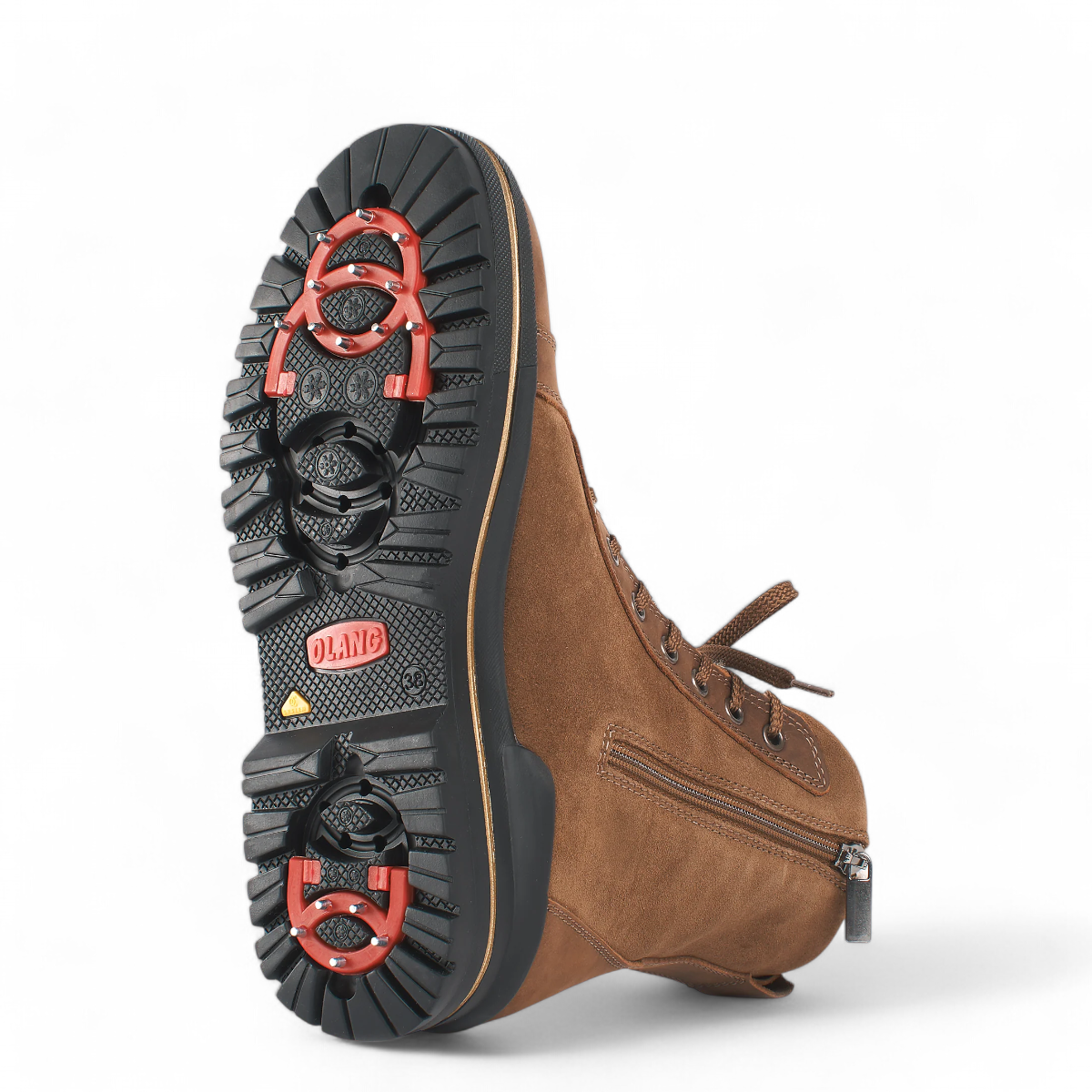 Olang Zaide brown suede winter boot with shearling lining, lace-up front, and durable black rubber sole. Photo of bottom view.