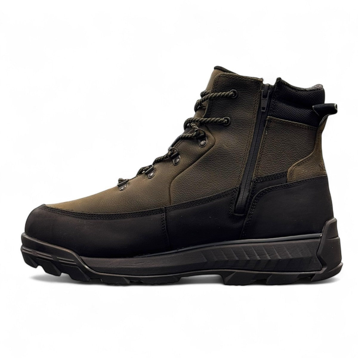NEXGRIP ICE STONE olive waterproof winter boot with retractable steel cleats and merino wool lining.
photo of the left side