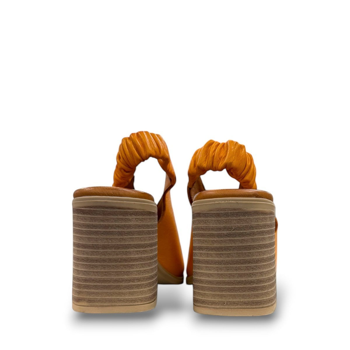 Roamers Qiana orange leather slingback sandals with a 3-inch block heel and elasticated back strap
photo of the back