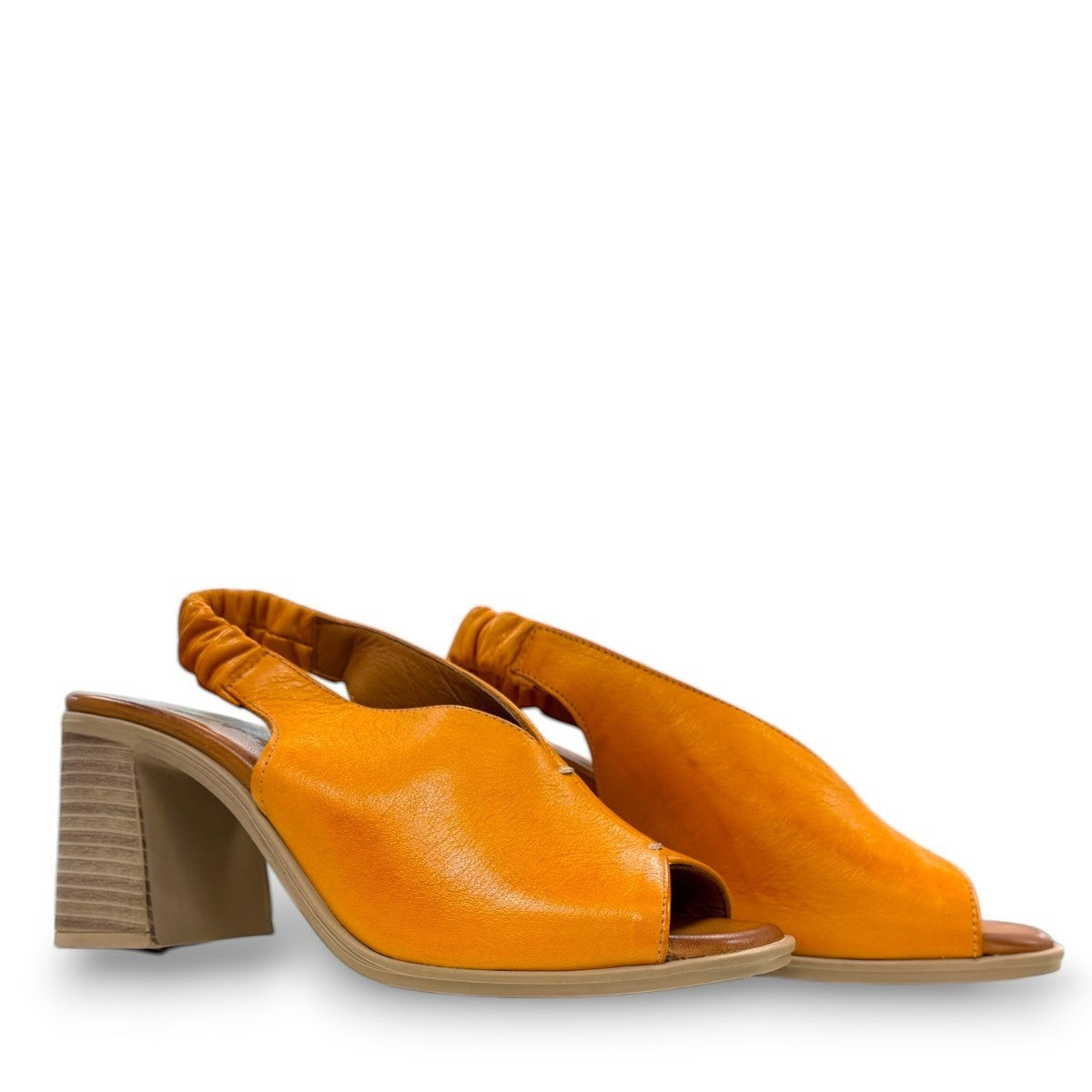 Roamers Qiana orange leather slingback sandals with a 3-inch block heel and elasticated back strap
photo of the side
