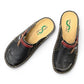 ortho-flex-S6132L black leather comfort clogs with multi-tone strap details, contrast stitching, and a low wedge sole.
photo of the top side