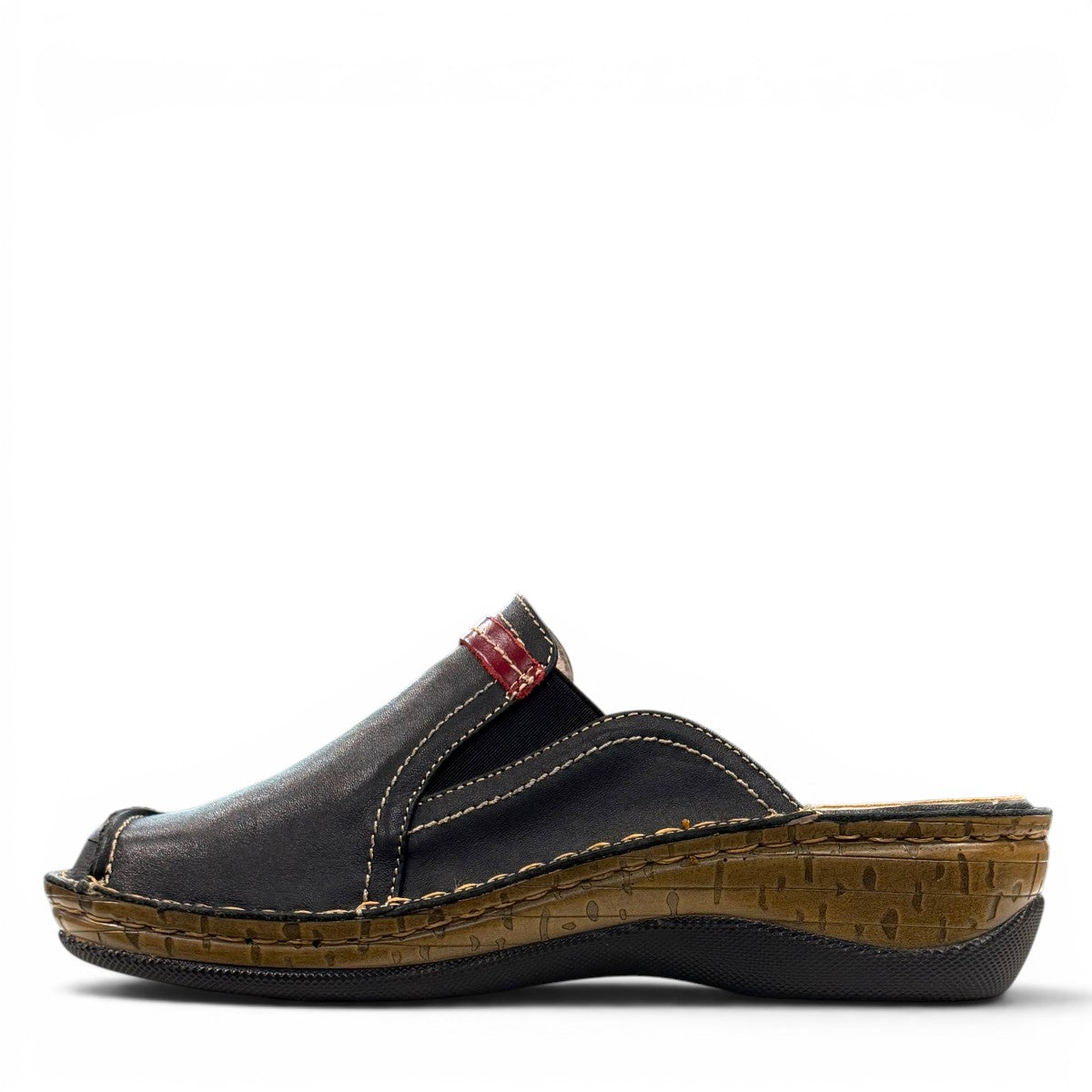 ortho-flex-S6132L black leather comfort clogs with multi-tone strap details, contrast stitching, and a low wedge sole.
photo of the left side