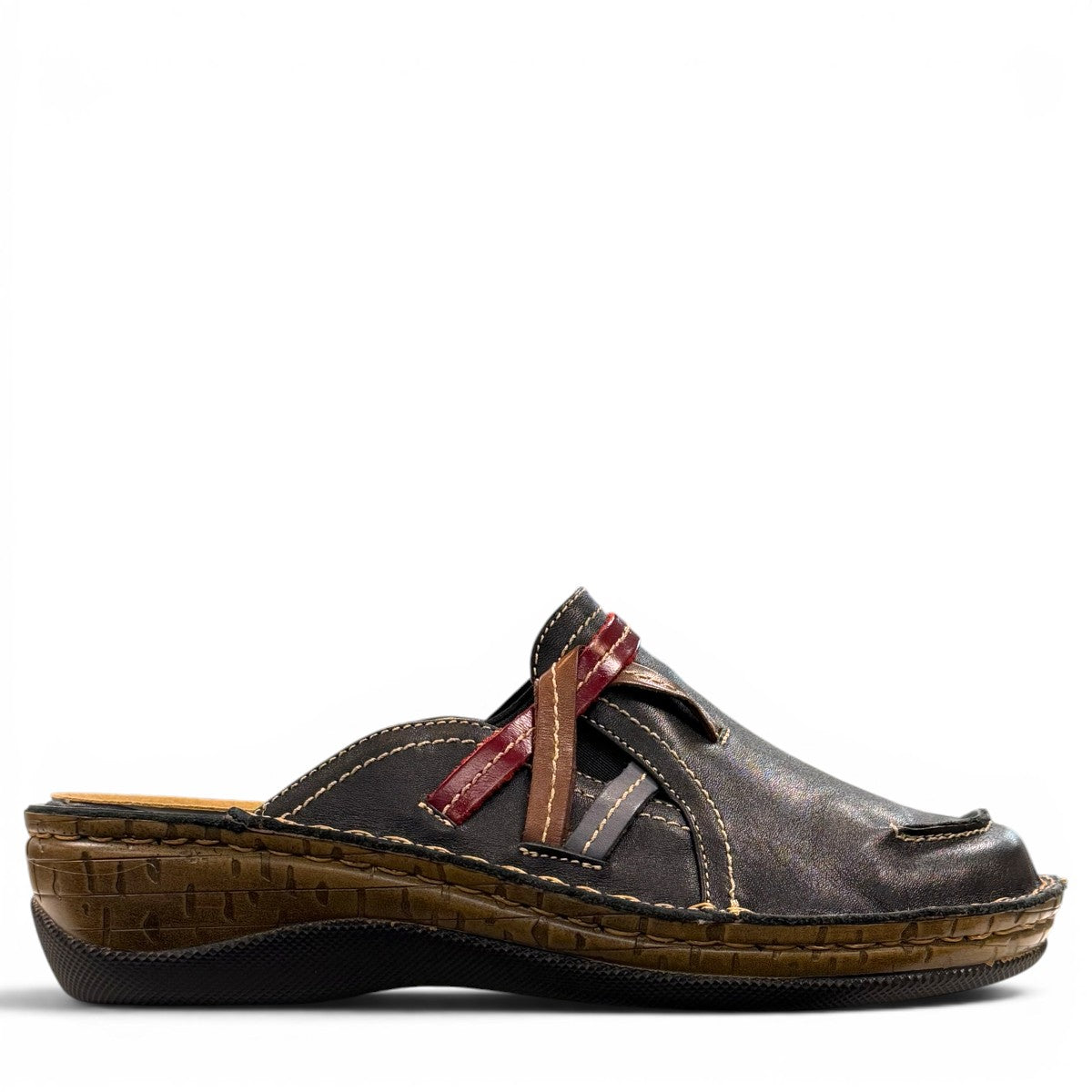 ortho-flex-S6132L black leather comfort clogs with multi-tone strap details, contrast stitching, and a low wedge sole.
photo of the right side