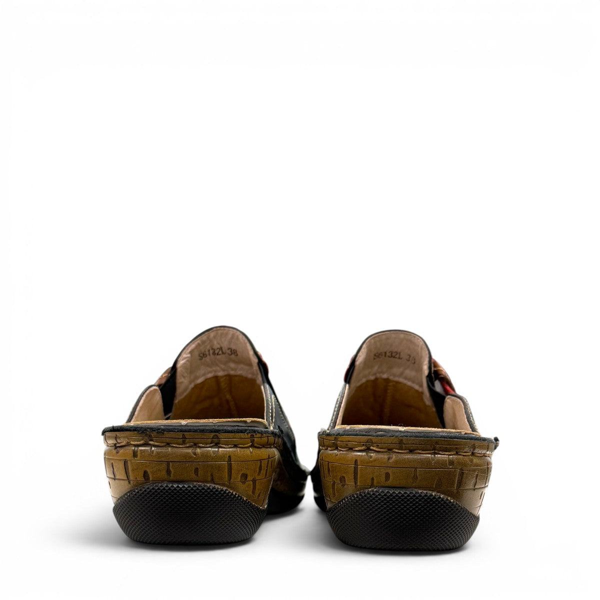 ortho-flex-S6132L black leather comfort clogs with multi-tone strap details, contrast stitching, and a low wedge sole.
photo of the back side