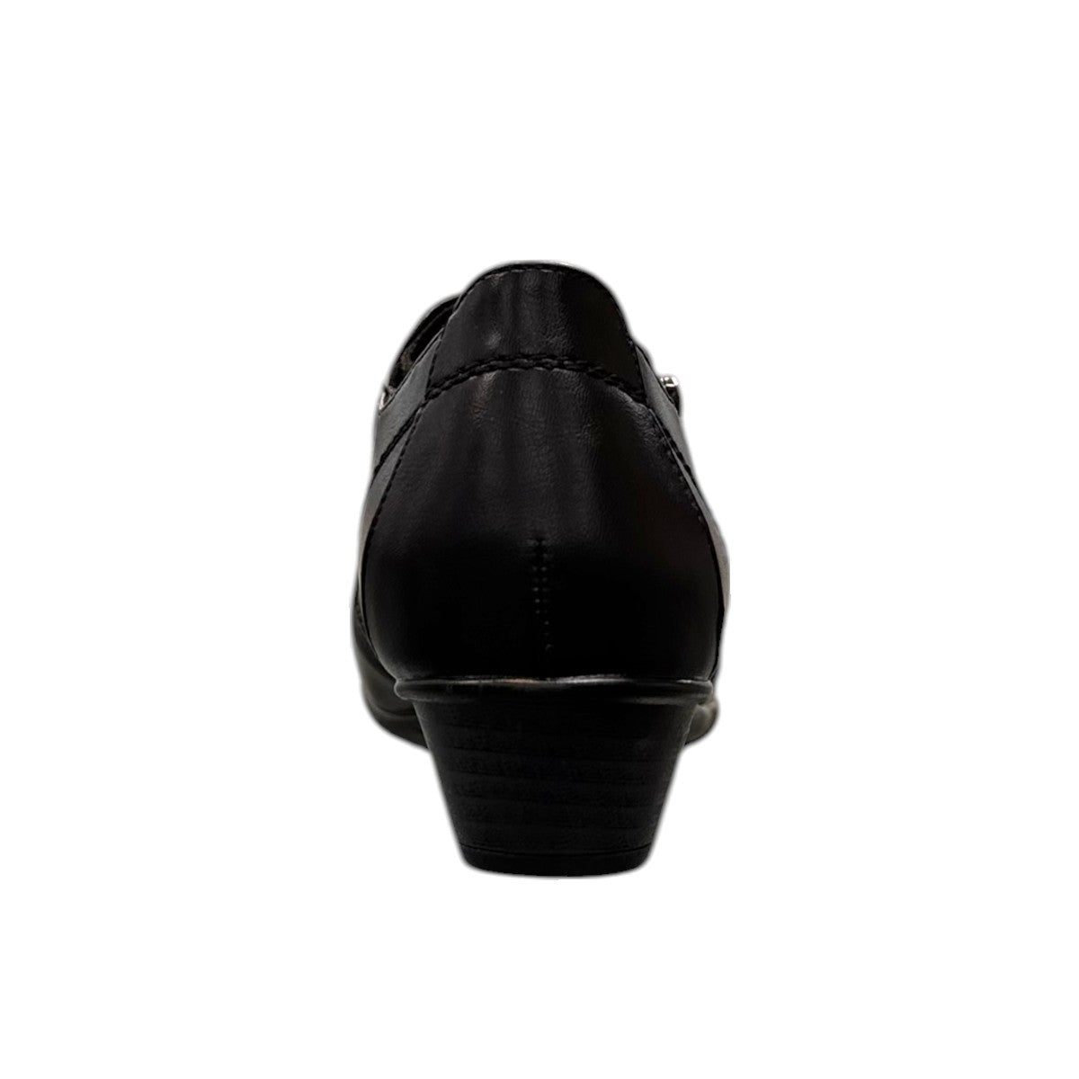 Ortho Flex black low-cut dress shoe with side zipper detail and a short block heel.
photo of the back side