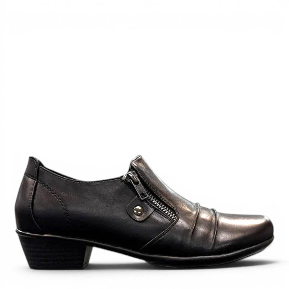 Ortho Flex black low-cut dress shoe with side zipper detail and a short block heel.
photo of the right side
