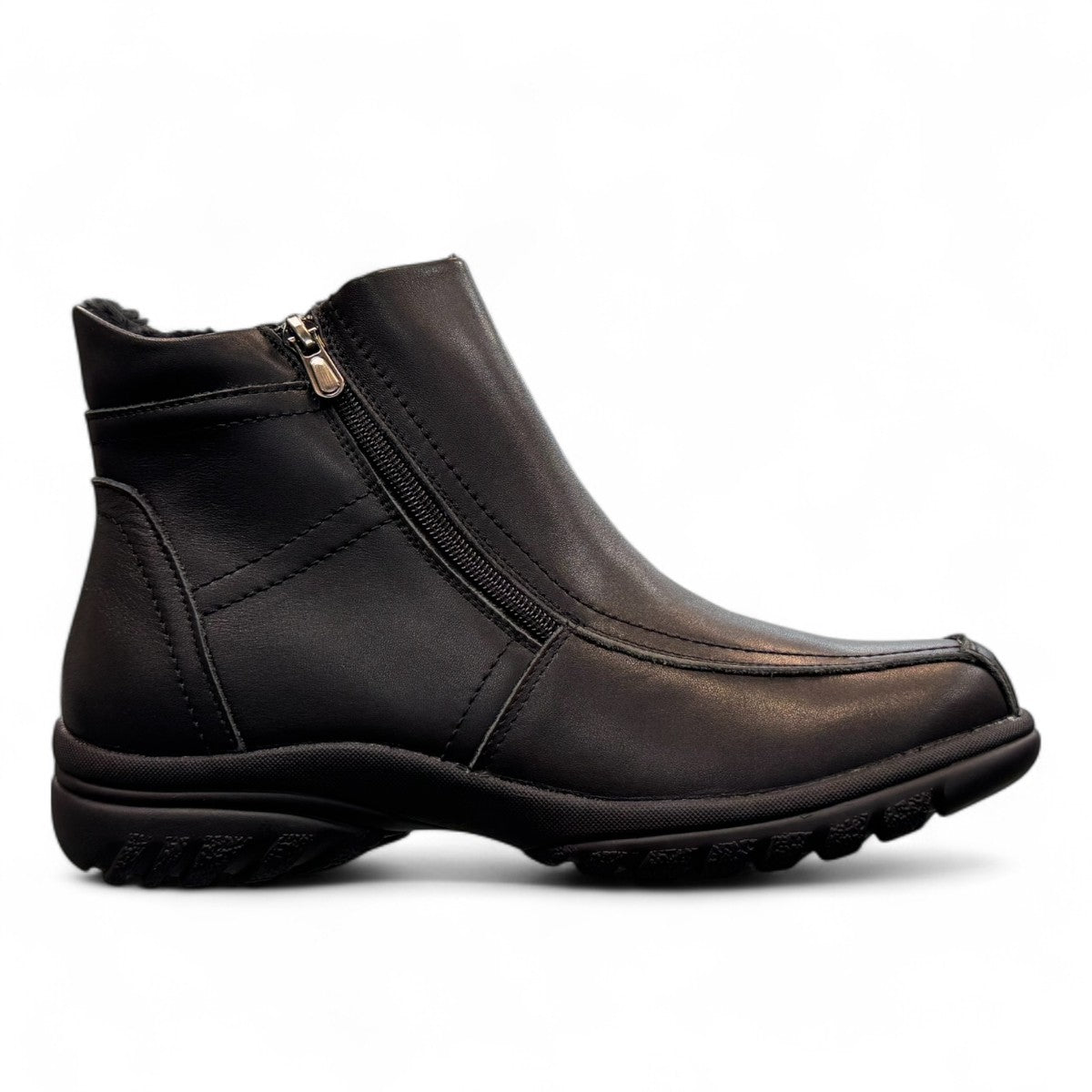 ORTHO FLEX F5111L black mid-ankle boot with side zipper, wool-like lining, and durable low-heel sole.
photo of the right side