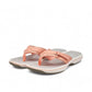 Sina Footwear peach Clarks Breeze Sea flip-flops with adjustable strap closure and lightweight cushioned sole. Photo of both from an angle.