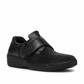 Propet Bianca black leather orthotic shoe with a single hook and loop strap and textured toe detail.
photo of the front side