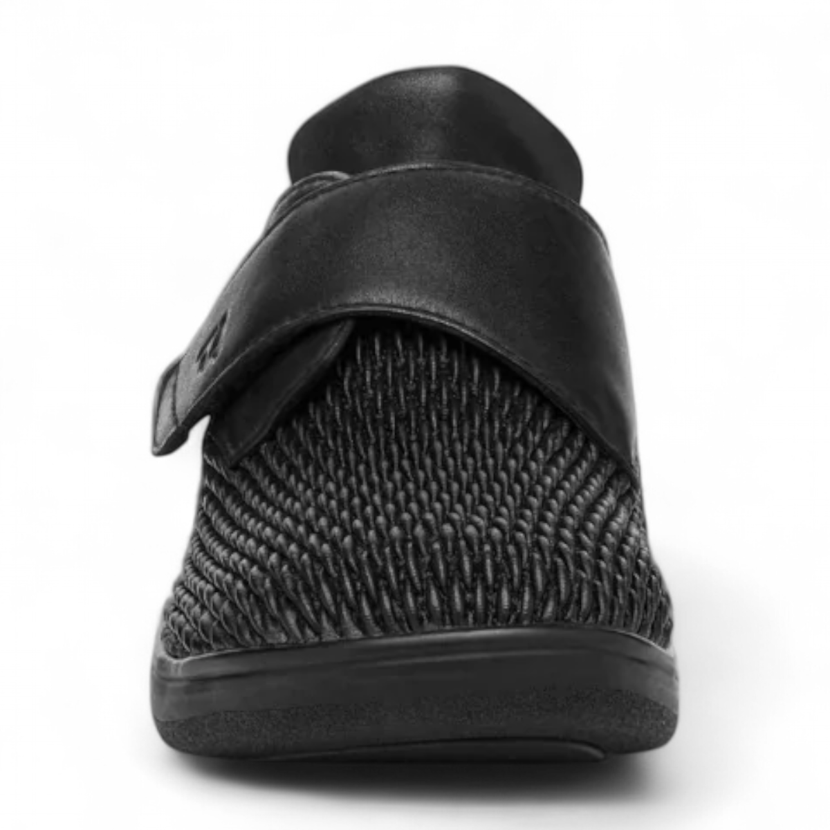 Propet Bianca black leather orthotic shoe with a single hook and loop strap and textured toe detail.
photo of the front side