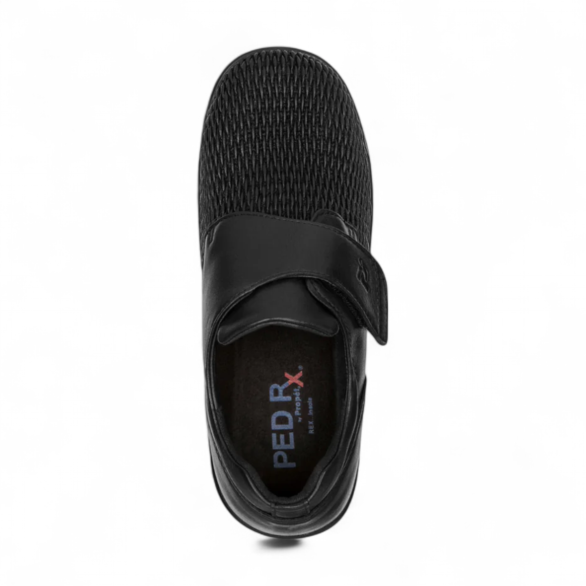 Propet Bianca black leather orthotic shoe with a single hook and loop strap and textured toe detail.
photo of the top side
