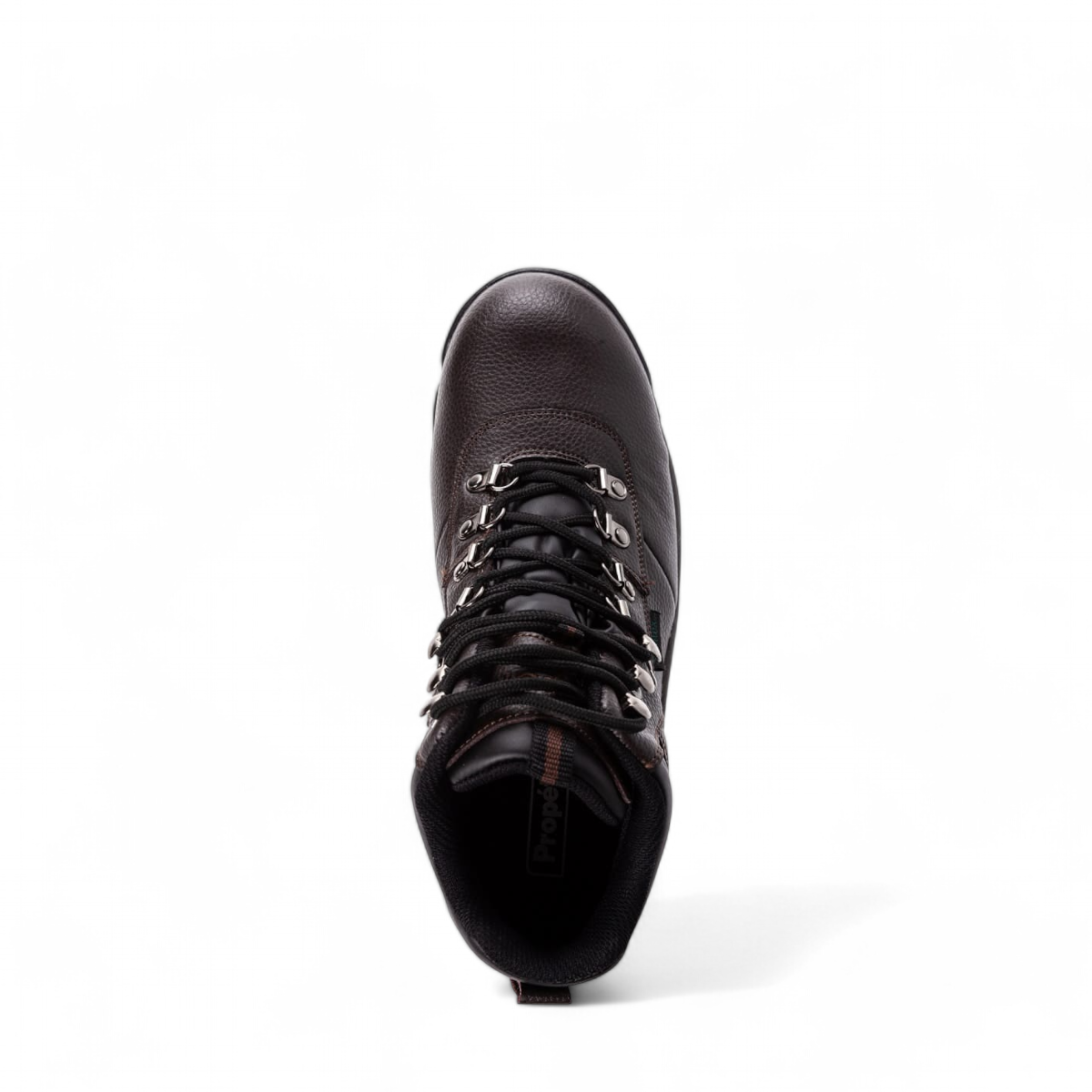 Propet Cliff Walker hiking boot in bronco brown full-grain leather with a high-traction rubber outsole.
 photo of the top side