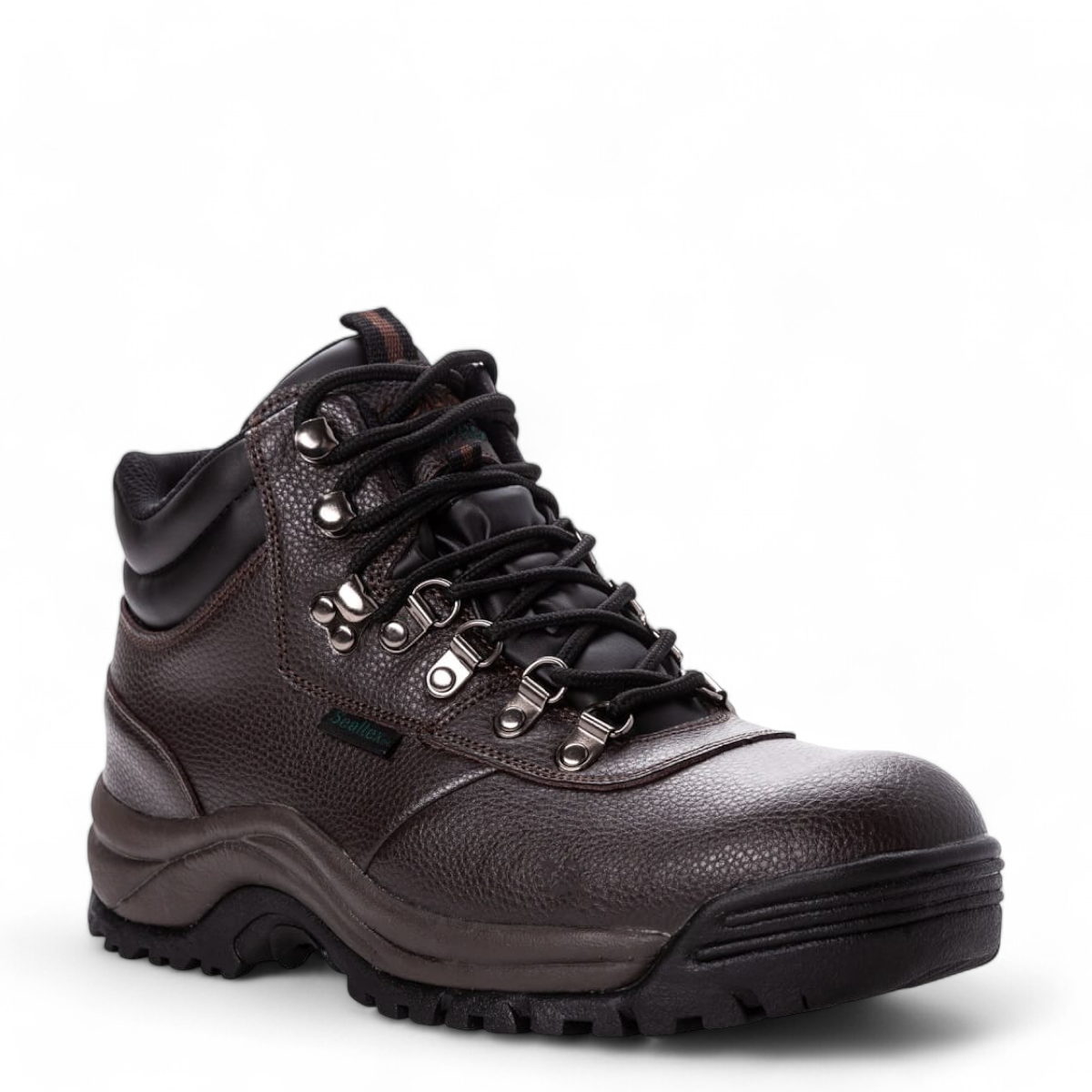 Propet Cliff Walker hiking boot in bronco brown full-grain leather with a high-traction rubber outsole.
 photo of the front side