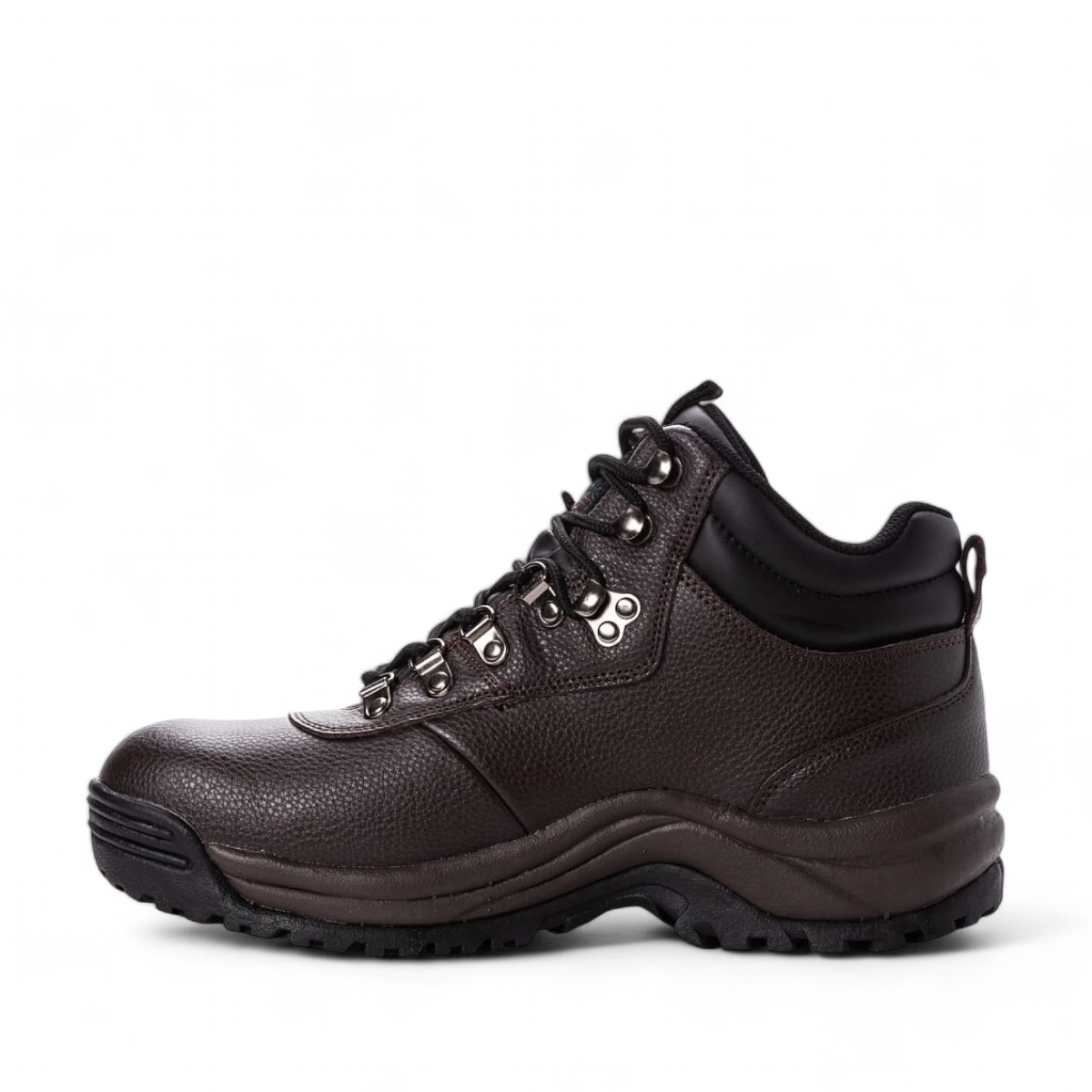 Propet Cliff Walker hiking boot in bronco brown full-grain leather with a high-traction rubber outsole.
 photo of the left side