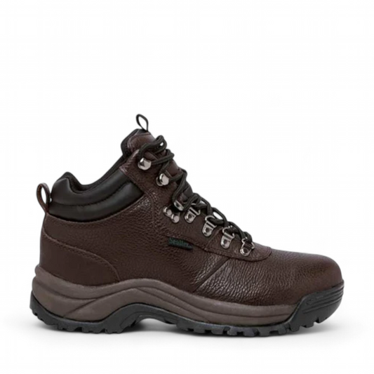 Propet Cliff Walker hiking boot in bronco brown full-grain leather with a high-traction rubber outsole.
 photo of the right side