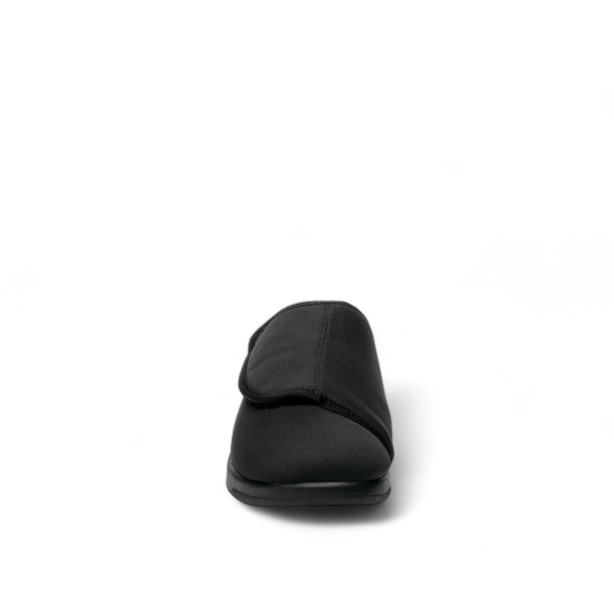 Propet Cush N Foot black stretchable slipper with adjustable strap for swollen feet and bunions.
photo of the front side