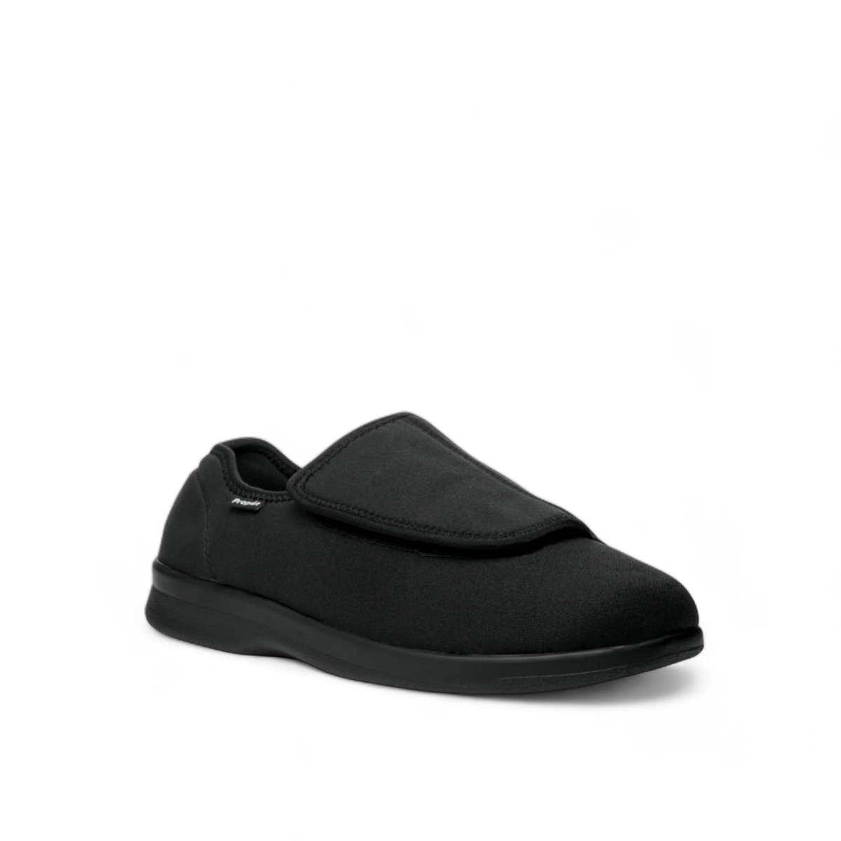 Propet Cush N Foot black stretchable slipper with adjustable strap for swollen feet and bunions.
photo of the front side