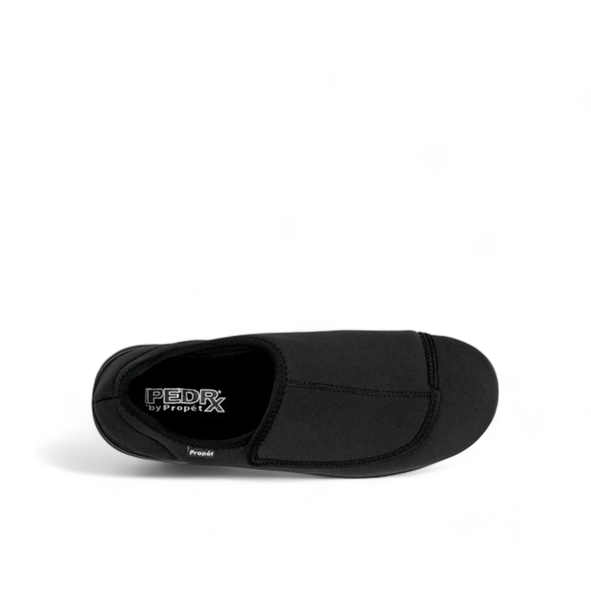 Propet Cush N Foot black stretchable slipper with adjustable strap for swollen feet and bunions.
photo of the top side