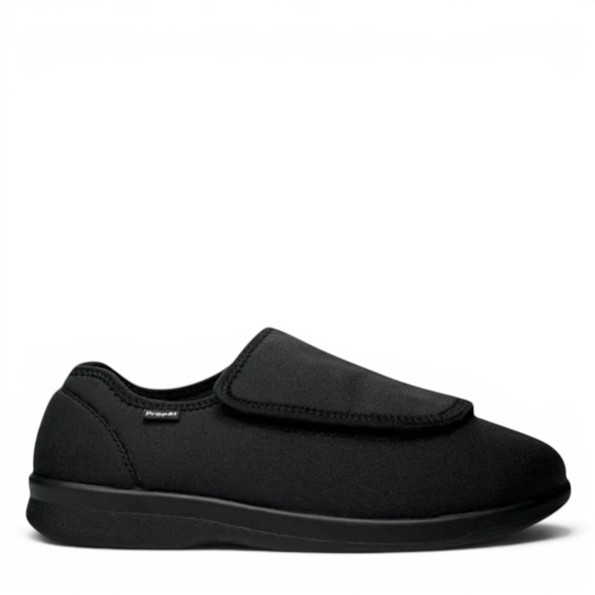 Propet Cush N Foot black stretchable slipper with adjustable strap for swollen feet and bunions.
photo of the right side