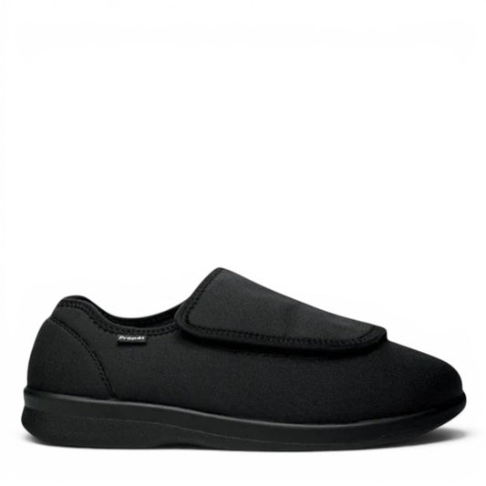 Propet Cush N Foot black stretchable slipper with adjustable strap for swollen feet and bunions.
photo of the right side