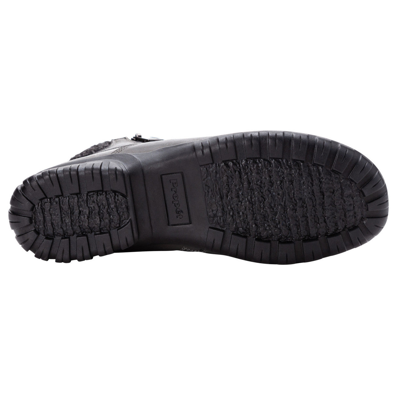 Propet Darley black leather ankle bootie with twin zips, knit collar, and rubber outsole.
photo of the bottom side