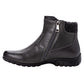 Propet Darley black leather ankle bootie with twin zips, knit collar, and rubber outsole.
photo of the left side