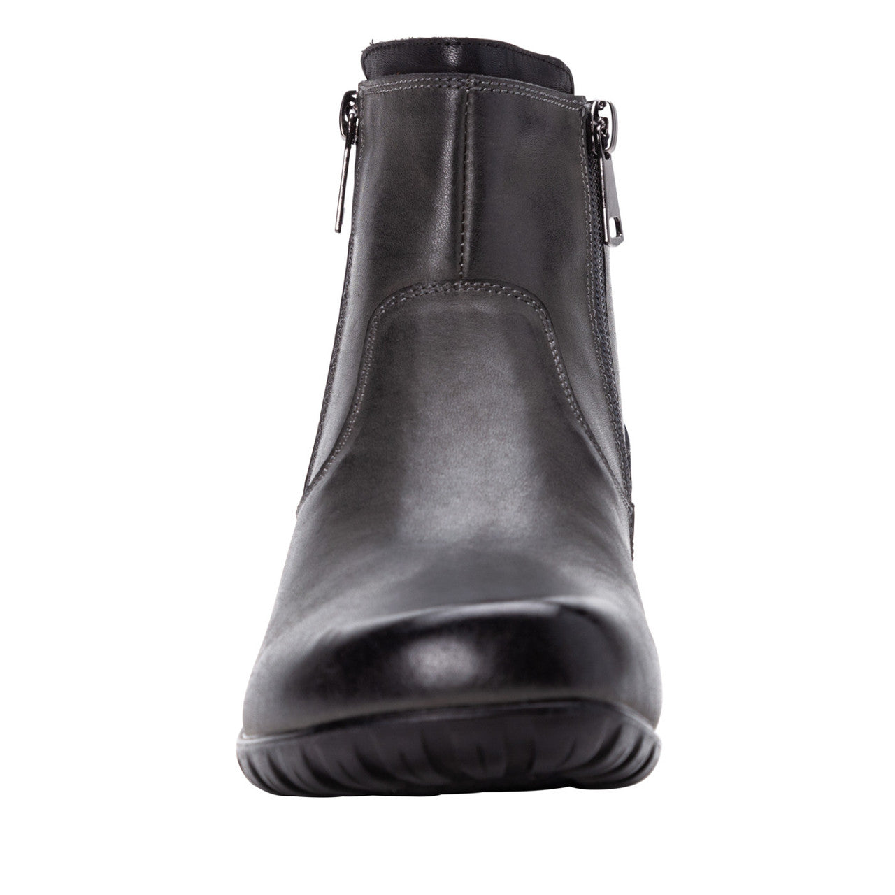 Propet Darley black leather ankle bootie with twin zips, knit collar, and rubber outsole.
photo of the front side