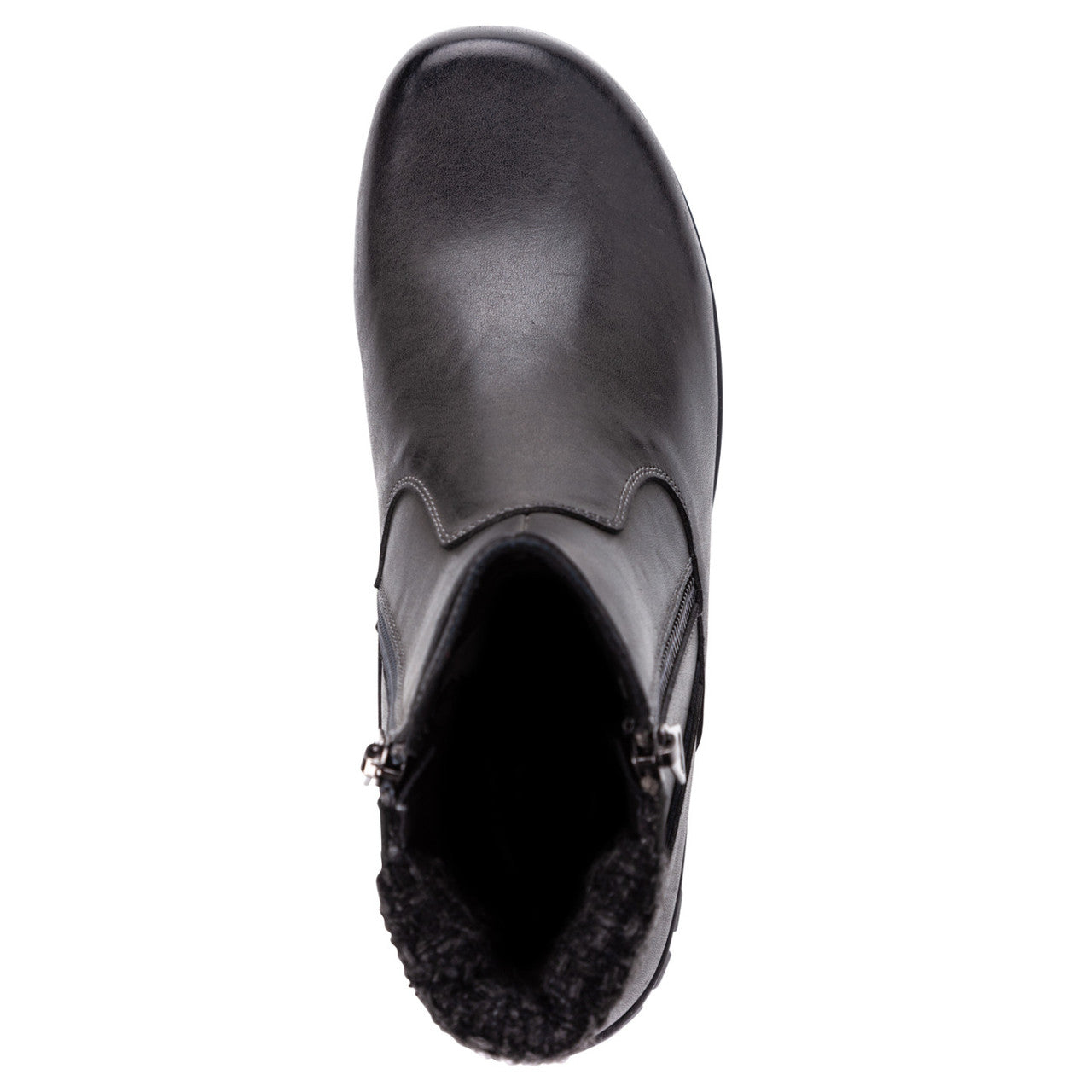Propet Darley black leather ankle bootie with twin zips, knit collar, and rubber outsole.
photo of the top side