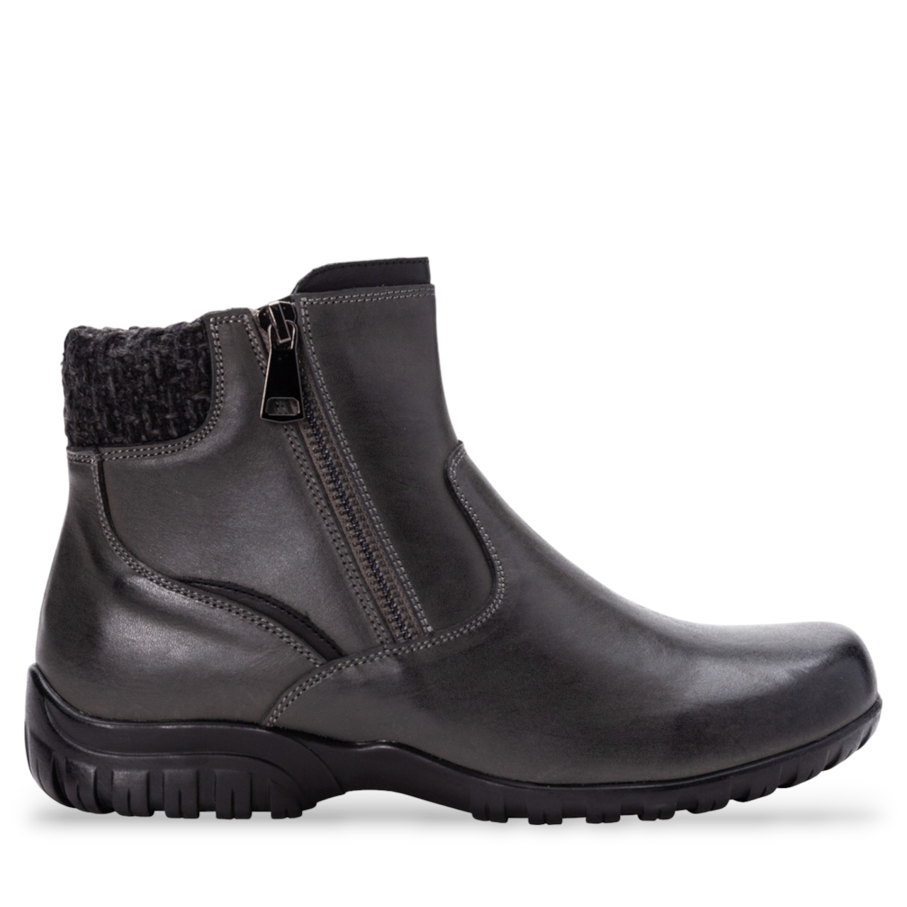 Propet Darley black leather ankle bootie with twin zips, knit collar, and rubber outsole.
photo of the right side