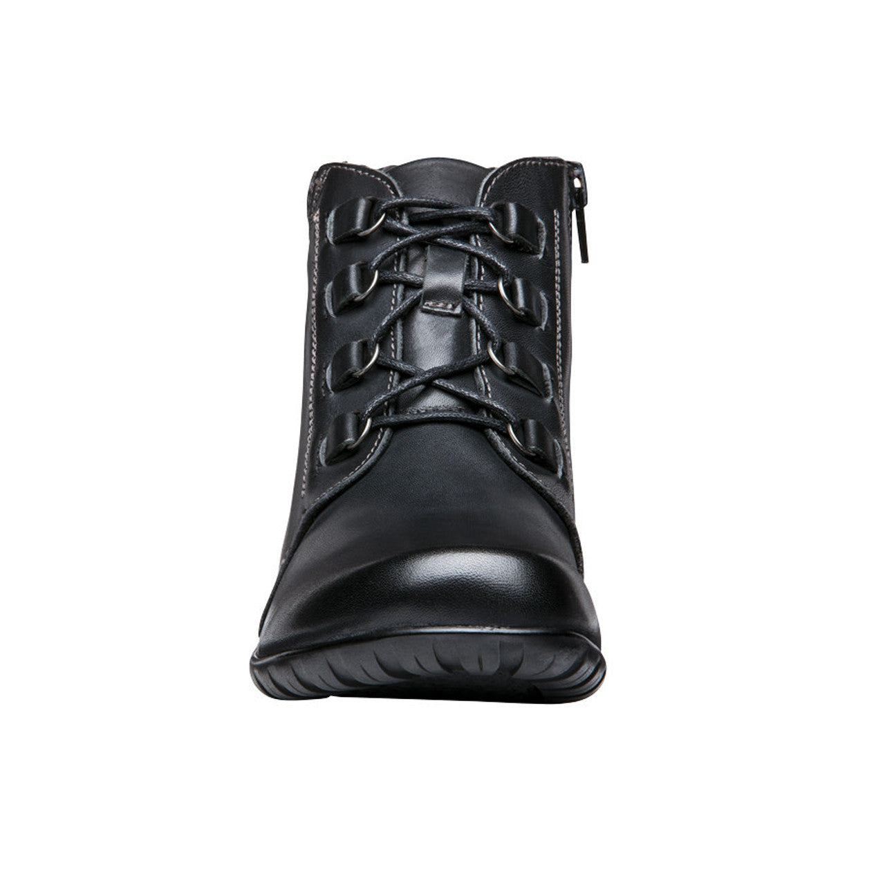 Propet Delaney black leather ankle bootie with D-ring lacing, side zip, and textured knit collar.
photo of the front side