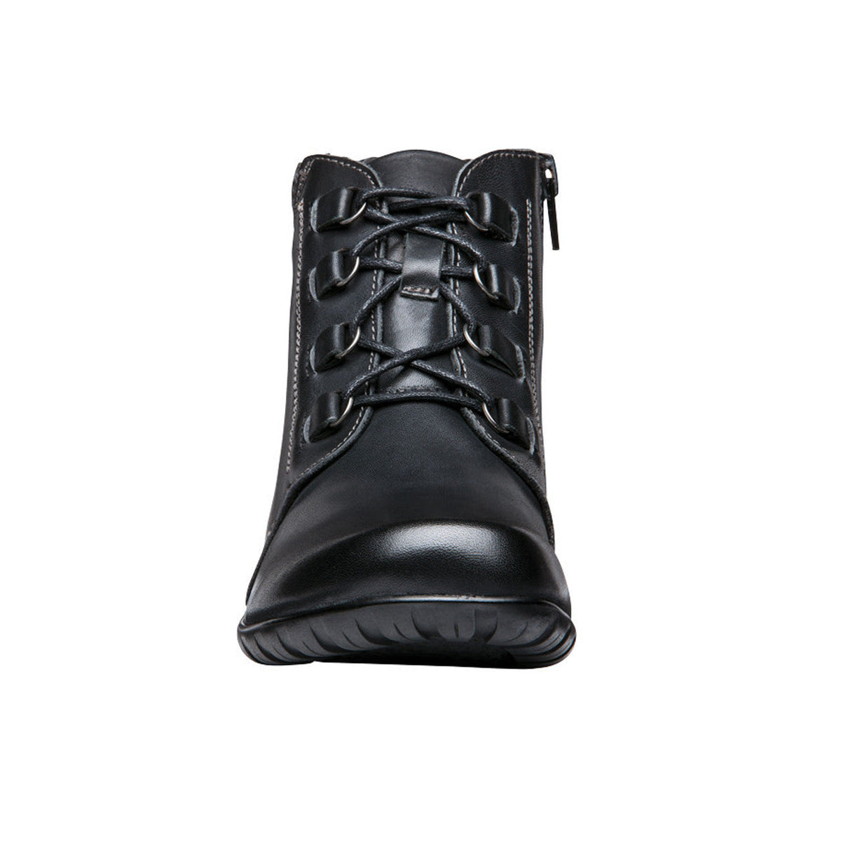 Propet Delaney black leather ankle bootie with D-ring lacing, side zip, and textured knit collar.
photo of the front side