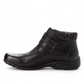 Propet Delaney black leather ankle boot with adjustable strap closure and grey knit collar.
photo of the left side