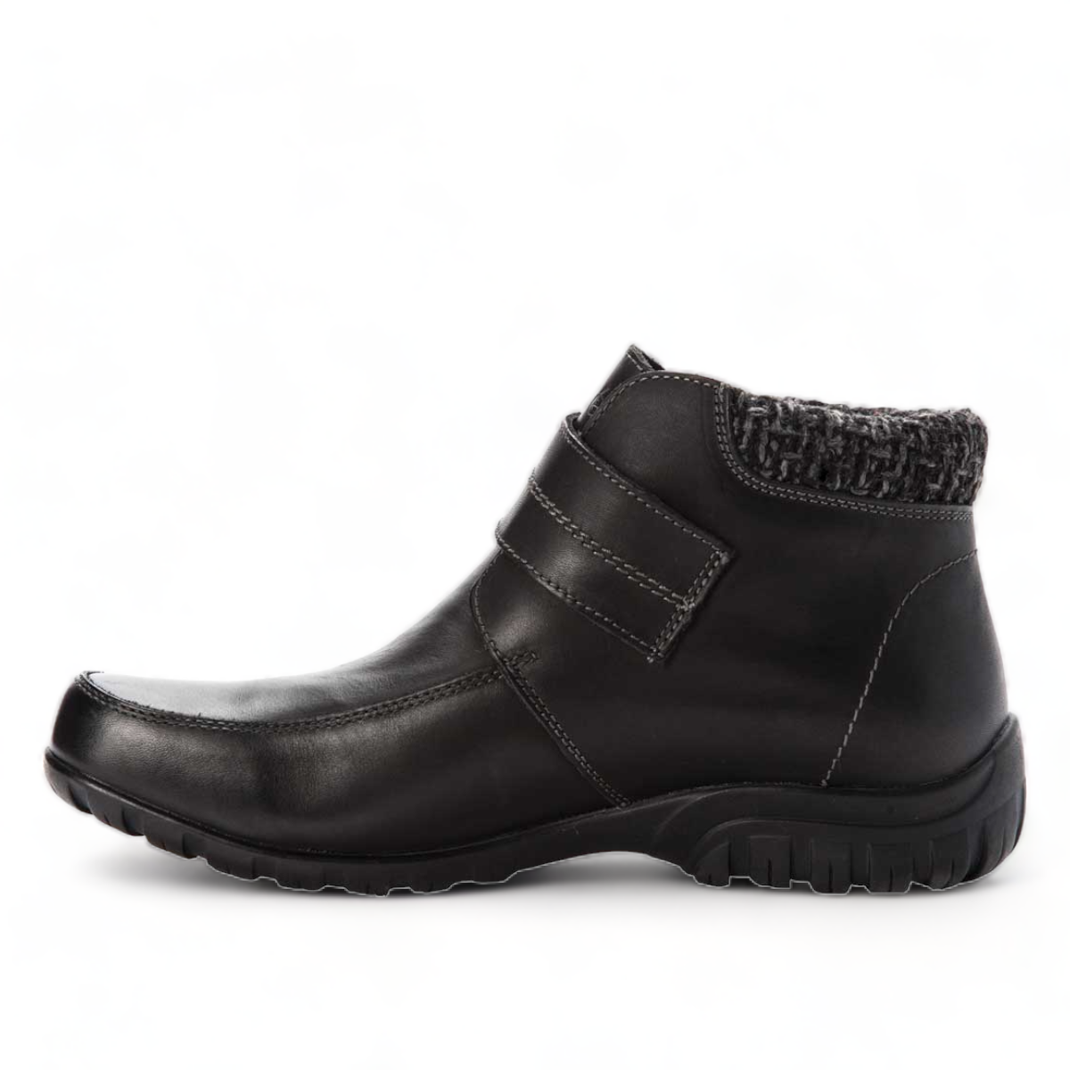 Propet Delaney black leather ankle boot with adjustable strap closure and grey knit collar.
photo of the left side