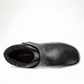 Propet Delaney black leather ankle boot with adjustable strap closure and grey knit collar.
photo of the top side