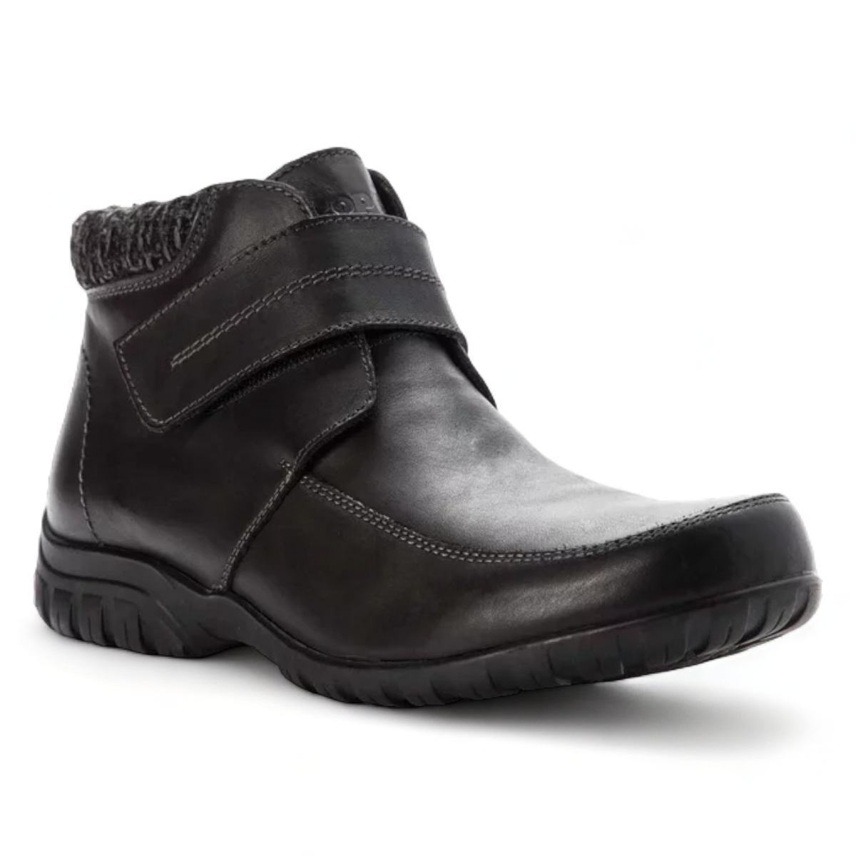 Propet Delaney black leather ankle boot with adjustable strap closure and grey knit collar.
photo of the front side