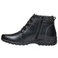 Propet Delaney black leather ankle bootie with D-ring lacing, side zip, and textured knit collar.
photo of the left side