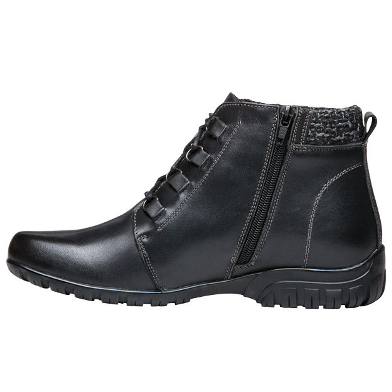 Propet Delaney black leather ankle bootie with D-ring lacing, side zip, and textured knit collar.
photo of the left side