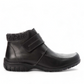 Propet Delaney black leather ankle boot with adjustable strap closure and grey knit collar.
photo of the right side
