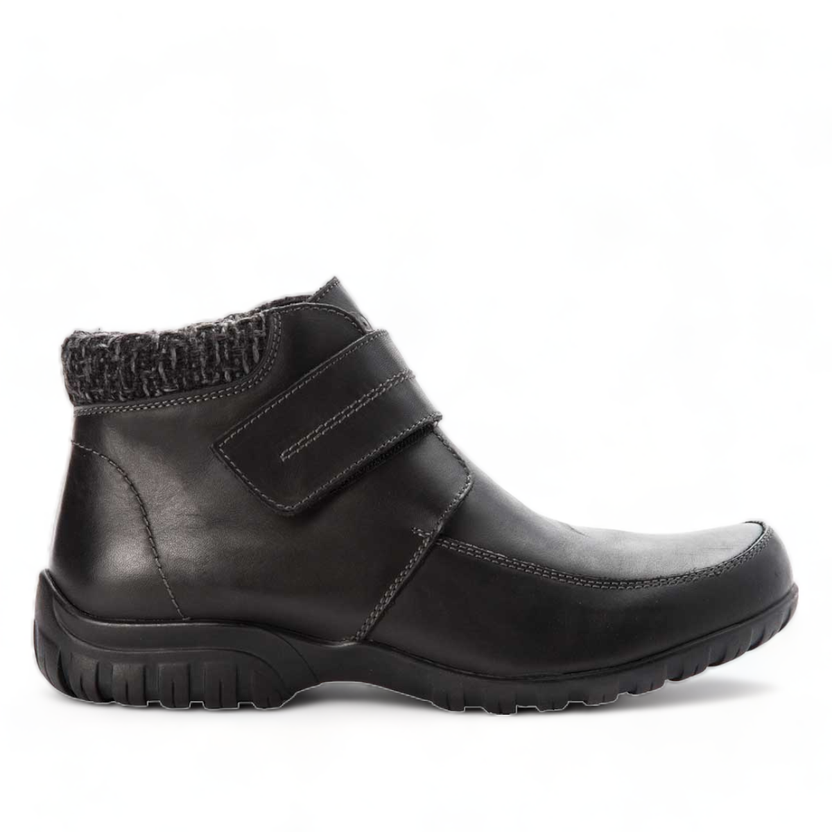 Propet Delaney black leather ankle boot with adjustable strap closure and grey knit collar.
photo of the right side