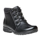 Propet Delaney black leather ankle bootie with D-ring lacing, side zip, and textured knit collar.
photo of the front side