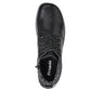 Propet Delaney black leather ankle bootie with D-ring lacing, side zip, and textured knit collar.
photo of the top side