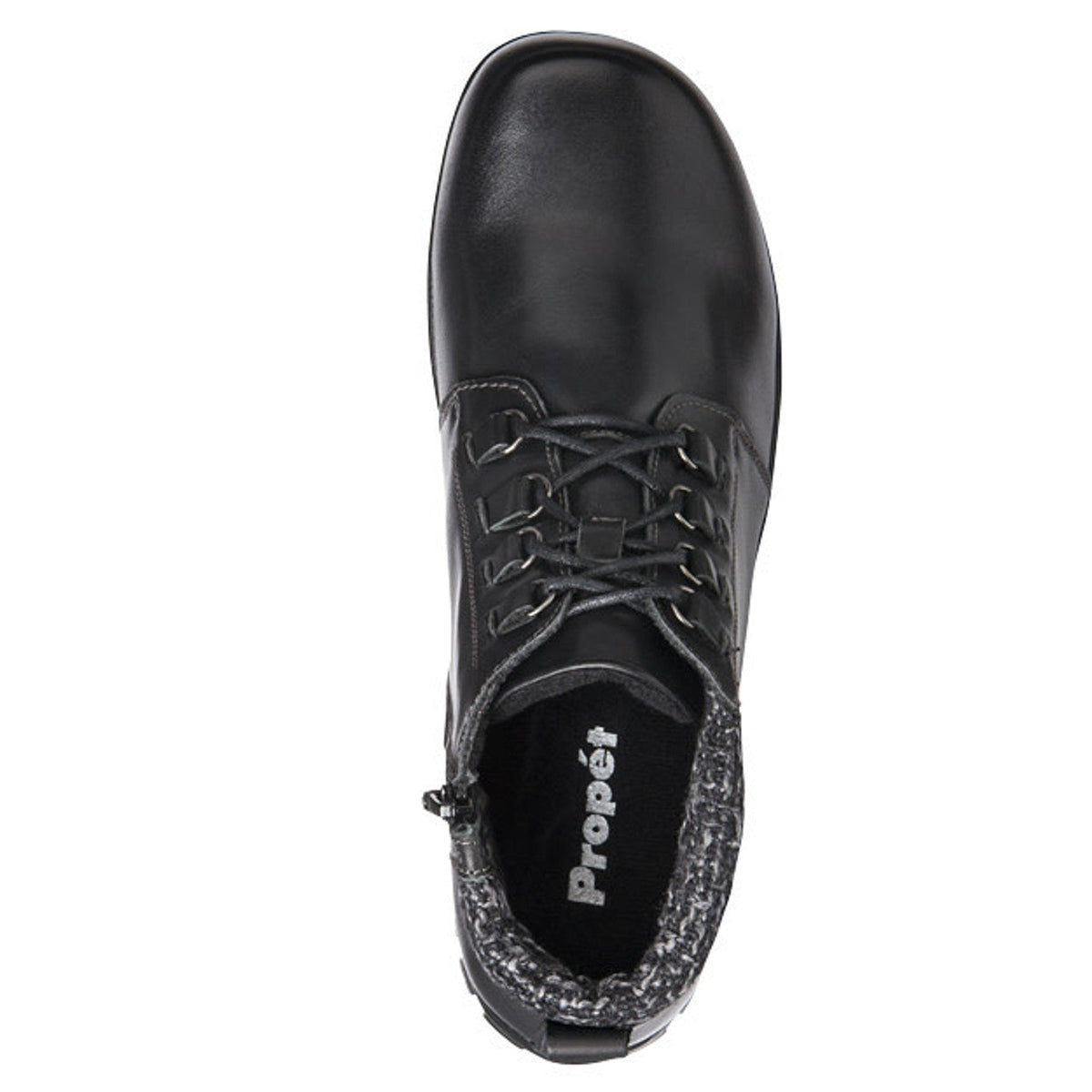 Propet Delaney black leather ankle bootie with D-ring lacing, side zip, and textured knit collar.
photo of the top side
