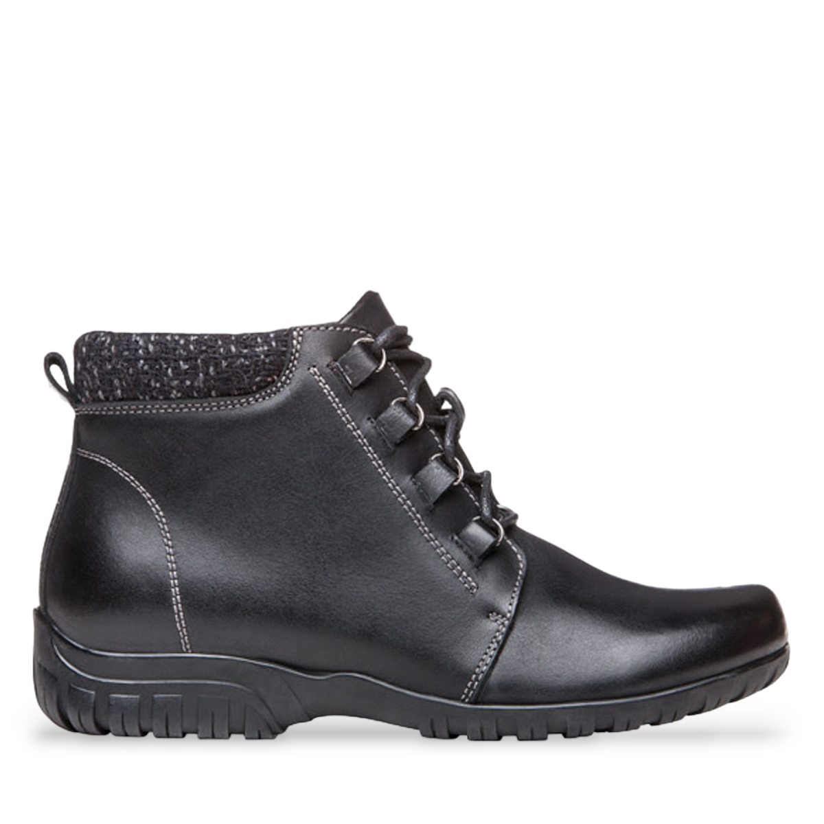 Propet Delaney black leather ankle bootie with D-ring lacing, side zip, and textured knit collar.
photo of the right side