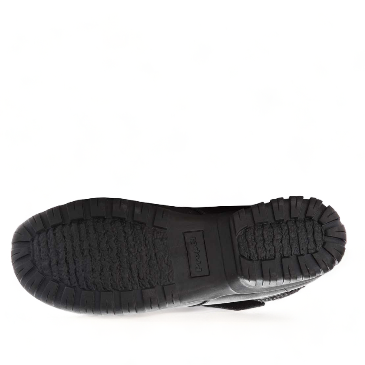 Propet Delaney black leather ankle boot with adjustable strap closure and grey knit collar.
photo of the bottom side