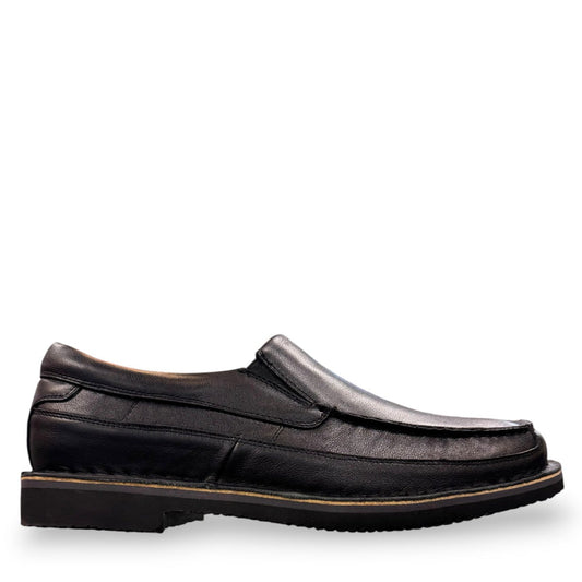 Propet Flynn black leather slip-on shoe with twin gore panels and a durable rubber outsole.
photo of the right side