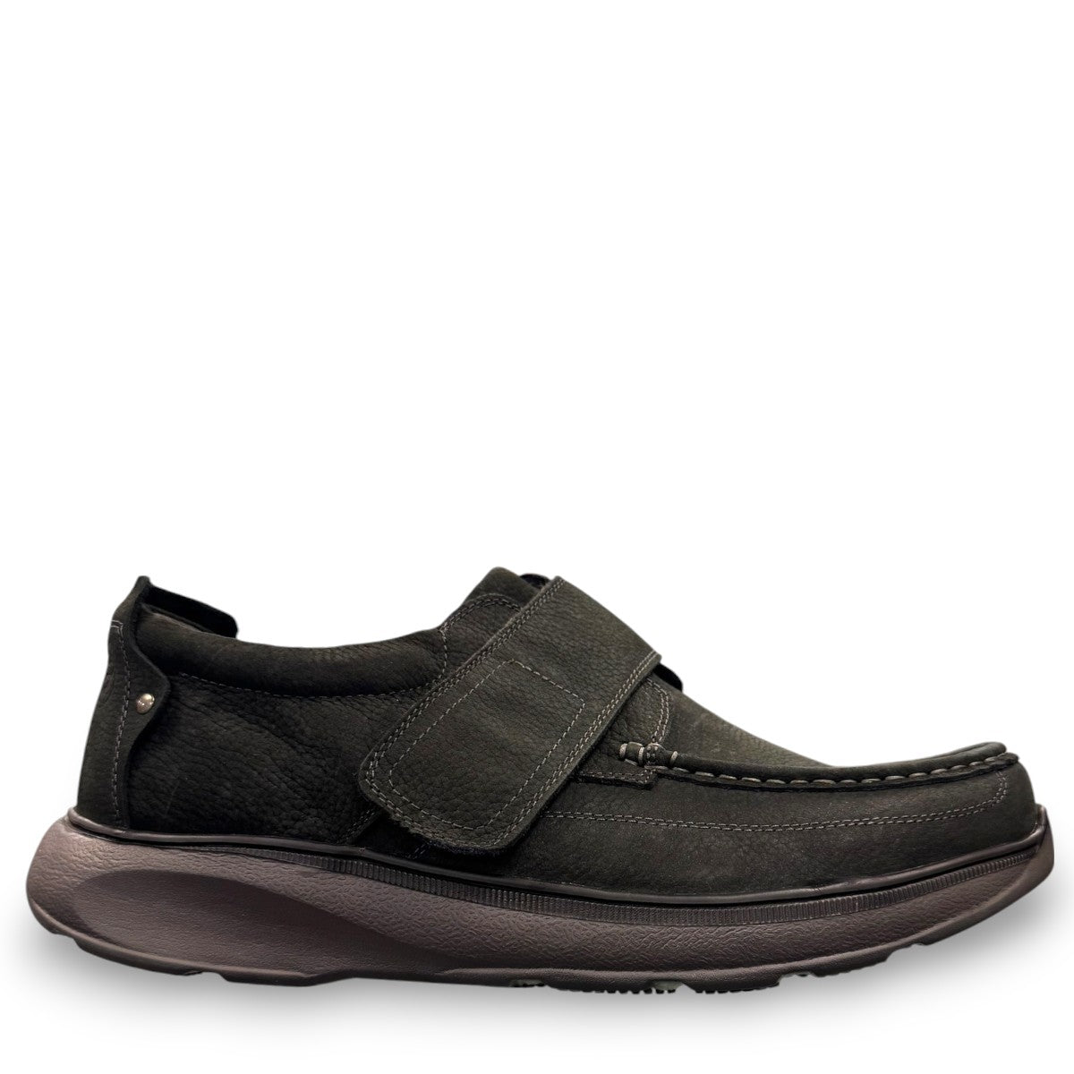 Propet Otto black tumbled leather casual shoe with hook-and-loop strap and moc toe detailing.
photo of the