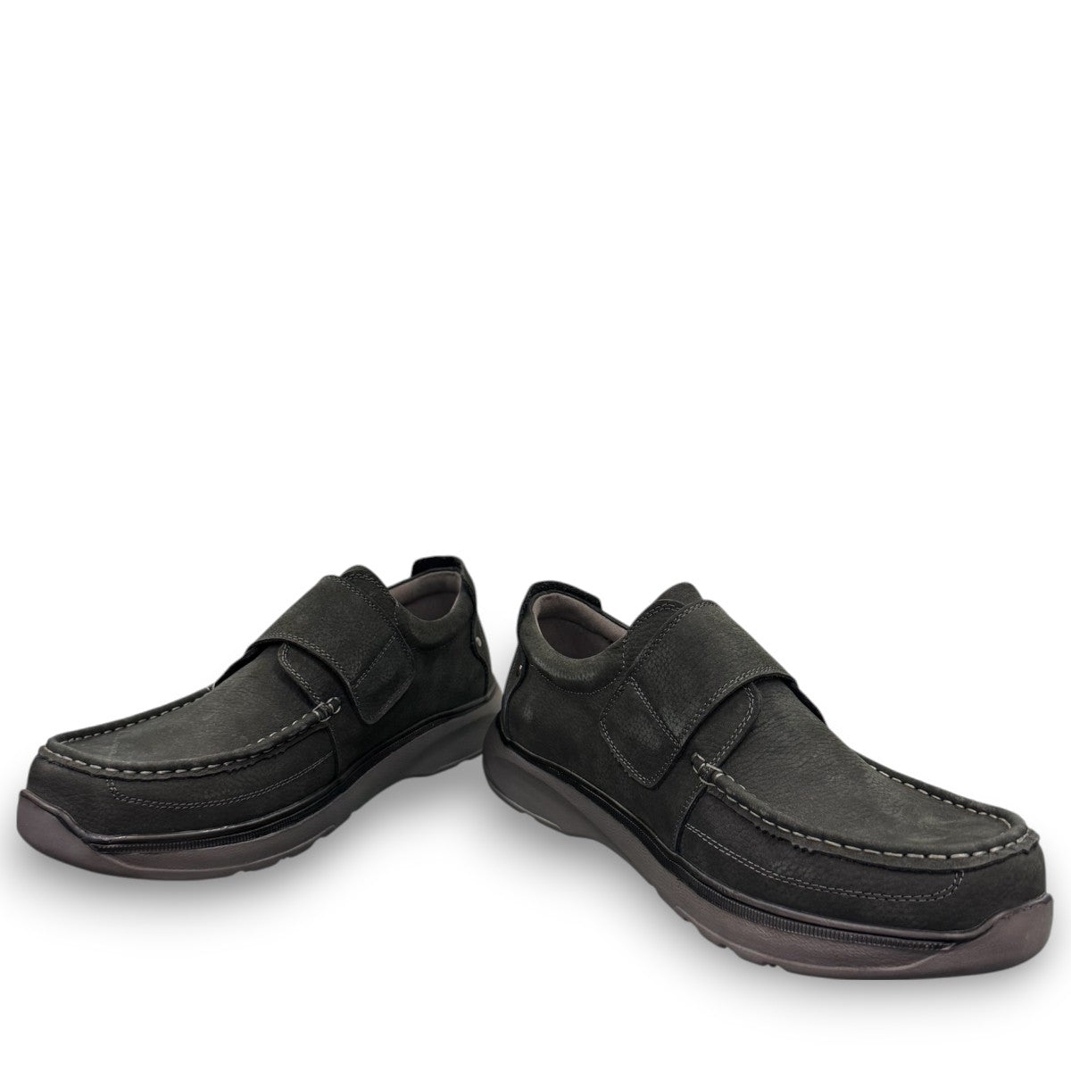Propet Pomeroy navy suede boat shoe with lace closure, contrast stitching, and cushioned EVA midsole.
photo of the front side